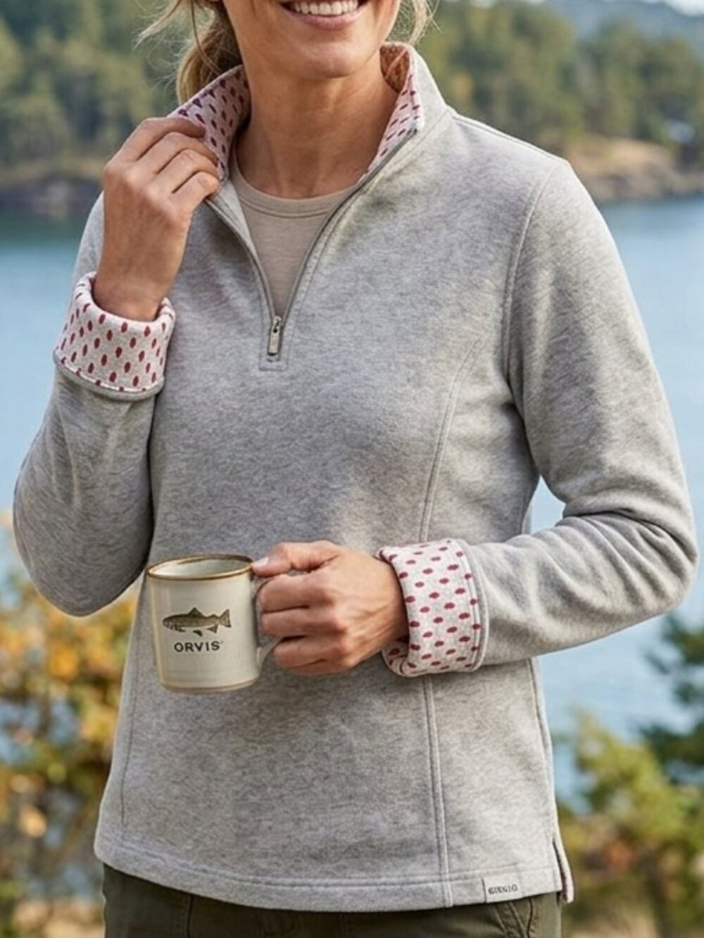 Orvis Signature Softest 1/4 Zip Pullover Heather Gray Print Trim Cuffs Size M